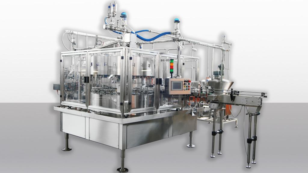 The filler with flow meters is an automatic machine designed for hot or cold filling of viscous and smooth liquids.