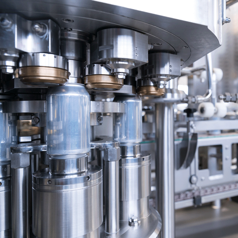 Close-up of rotary seaming heads applying consistent pressure to cans using fixed mechanical cam systems.