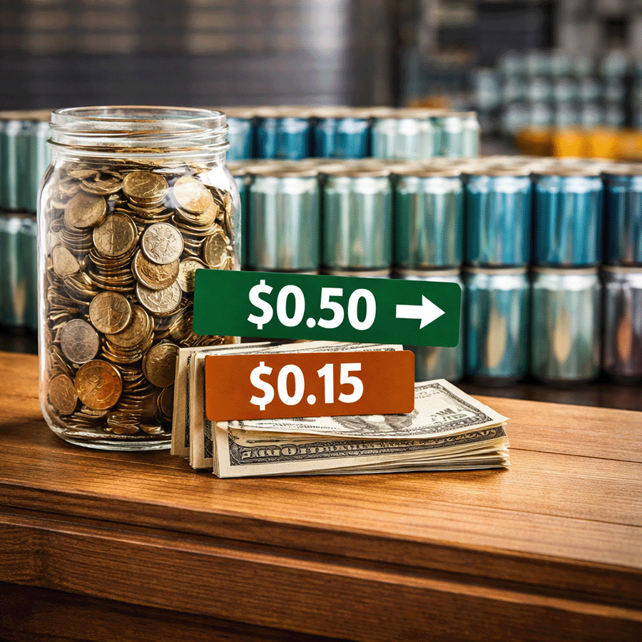 Jar filled with coins next to a stack of cash with cost-per-can reduction indicators, representing increased margins through in-house canning.