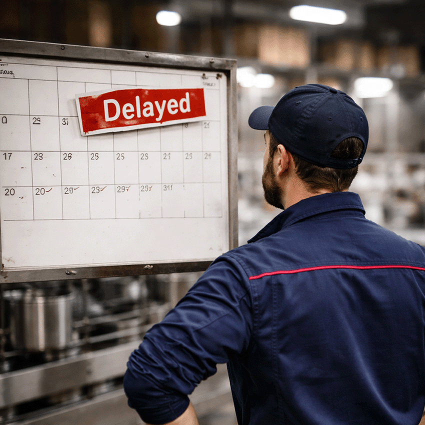 Factory worker looking at a calendar marked “Delayed,” symbolizing scheduling constraints and bottlenecks caused by mobile canning.