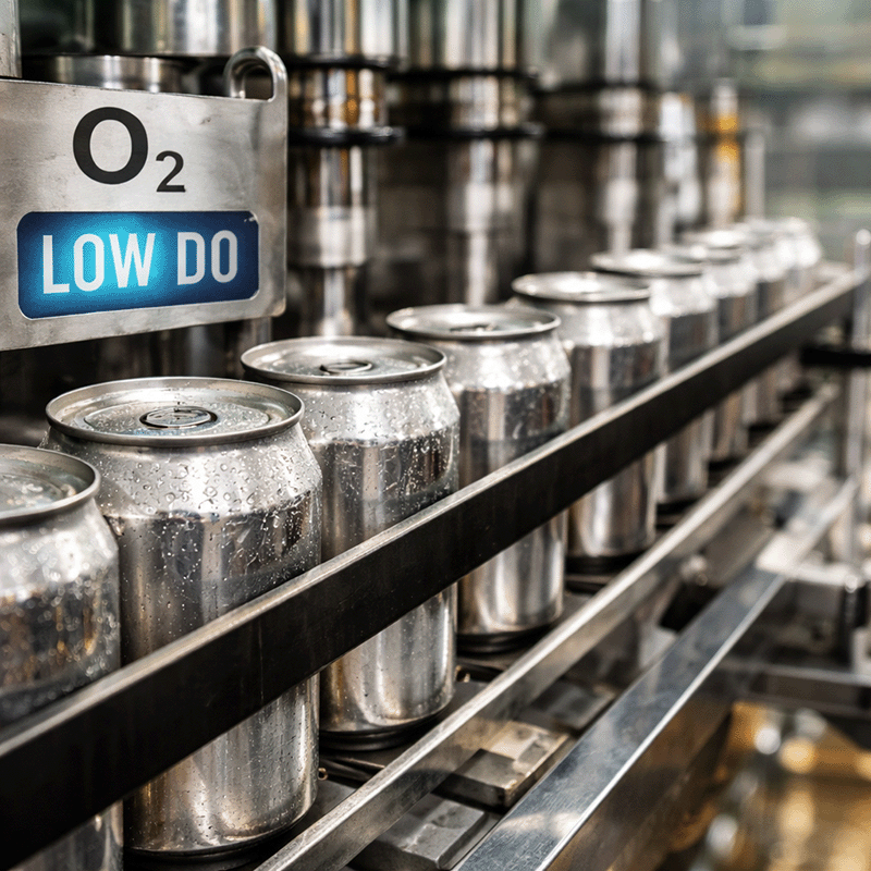 Canning line with aluminum cans and a “Low DO (O₂)” indicator, representing better control over oxygen levels and improved product freshness.