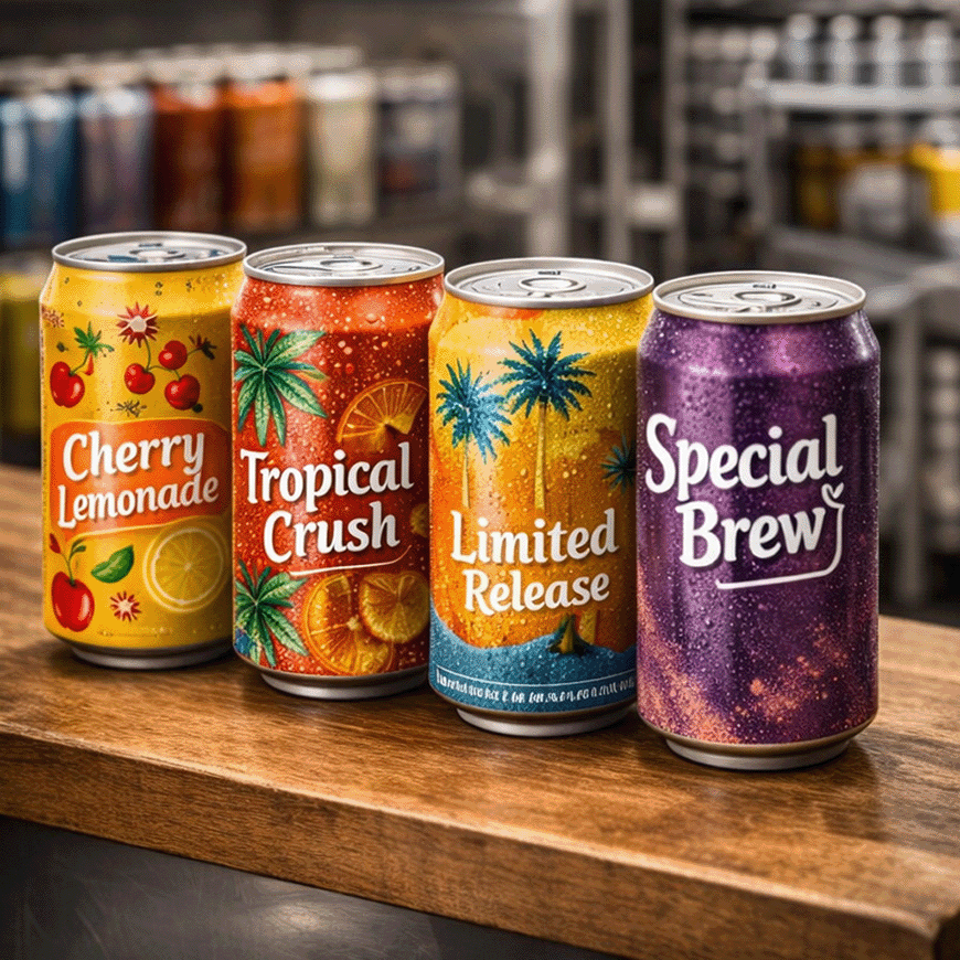 Four colorful cans with different designs (Cherry Lemonade, Tropical Crush, Limited Release, Special Brew), representing faster product launches and new formats.