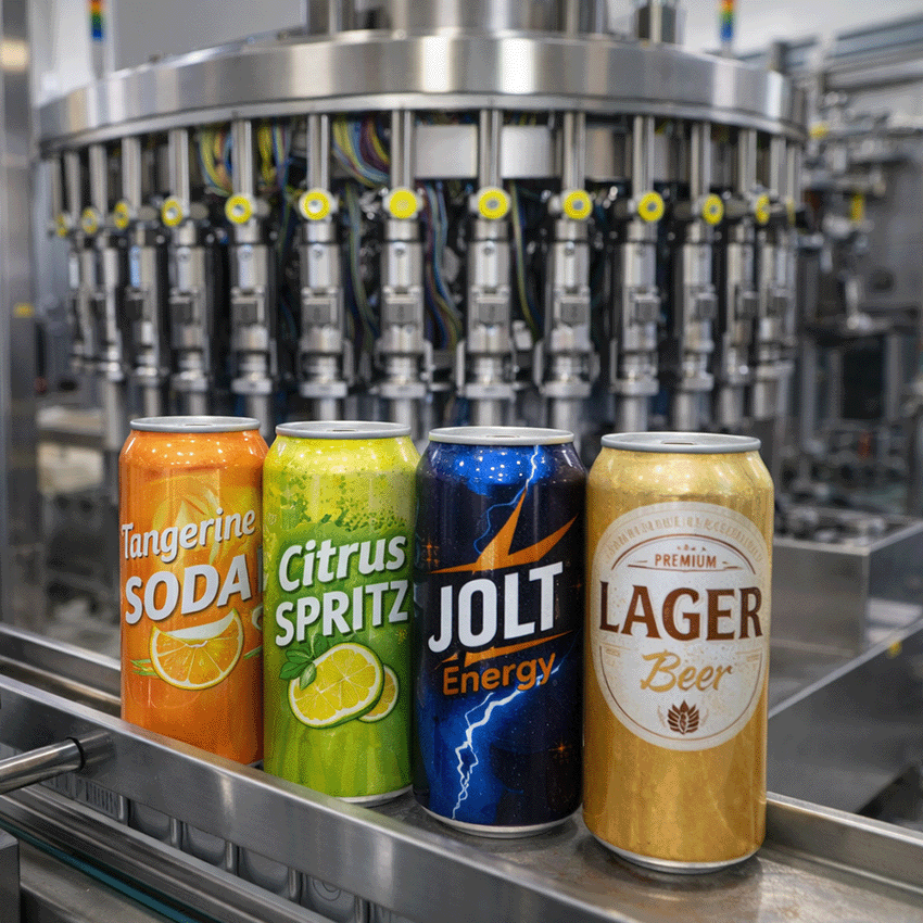 Different beverage cans on a conveyor in front of a rotary filler, representing flexibility for multiple product formats and quick changeovers.