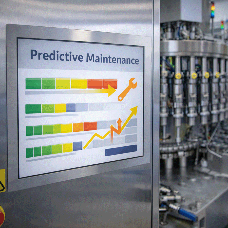Control panel displaying predictive maintenance indicators and performance graphs alongside a rotary filling system.