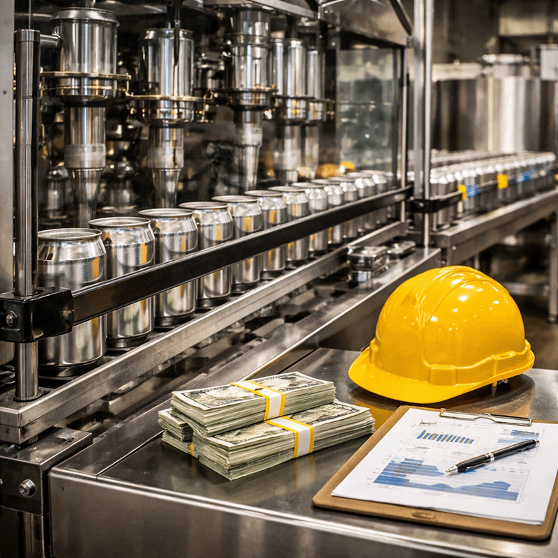Industrial canning line with a safety helmet, documents, and stacks of cash, representing investment in in-house equipment as a long-term strategic asset.