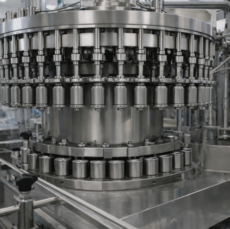 Rotary filling machine undergoing integrated washing cycle with water spray, illustrating clean-in-place (CIP) sanitation.