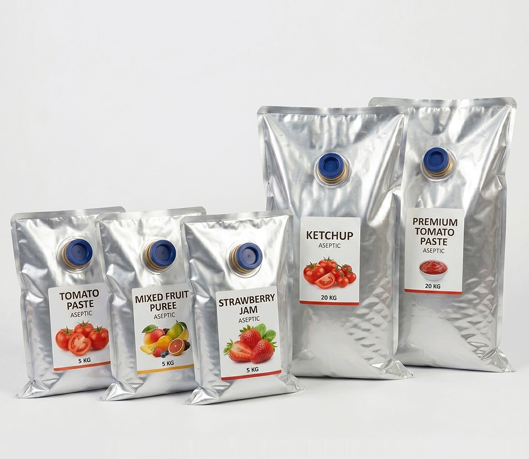 Multiple food products in 5-20 L aseptic bags